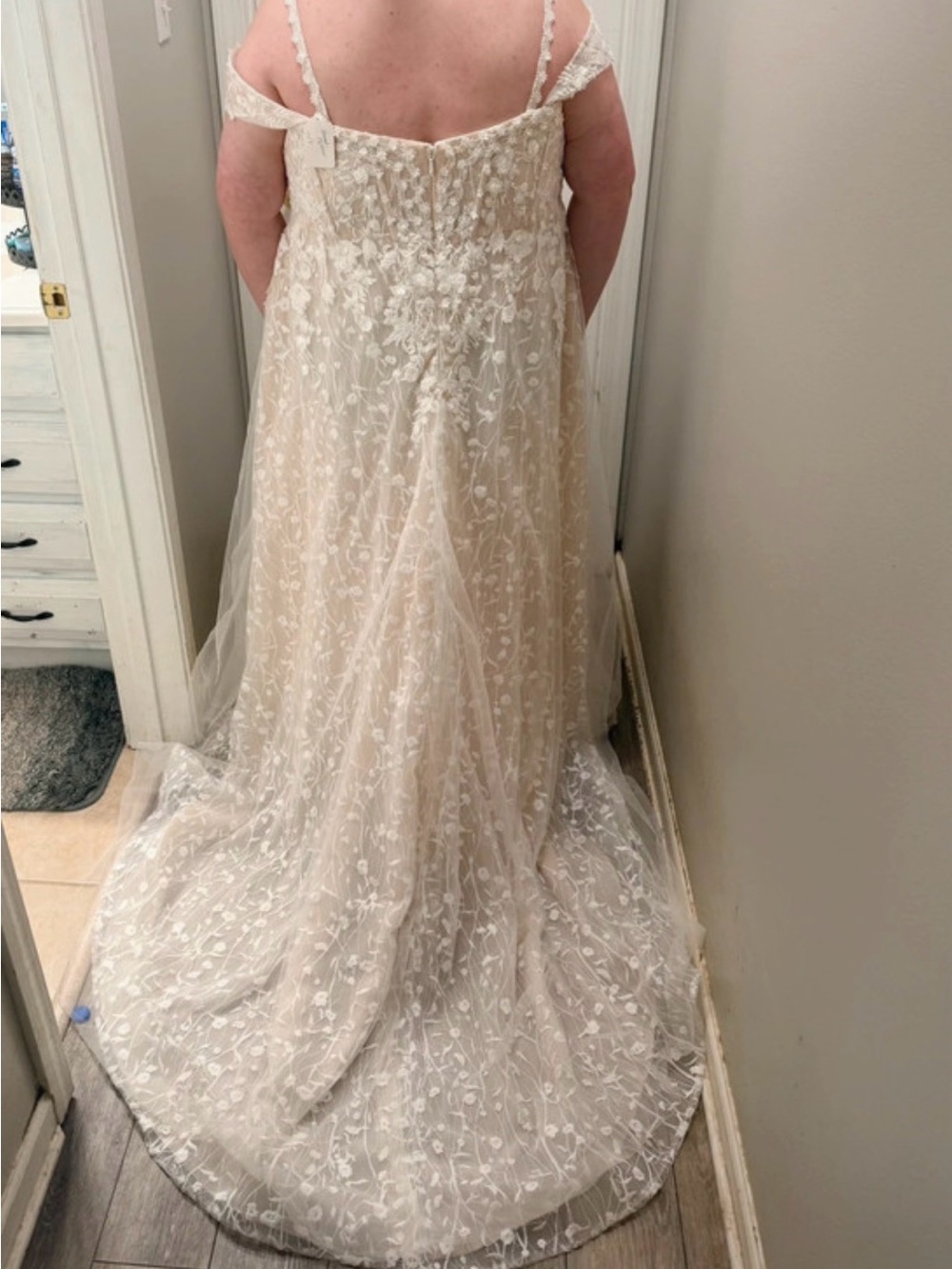 David's Bridal Off-the-Shoulder Lace Illusion Wedding Gown in Ivory
